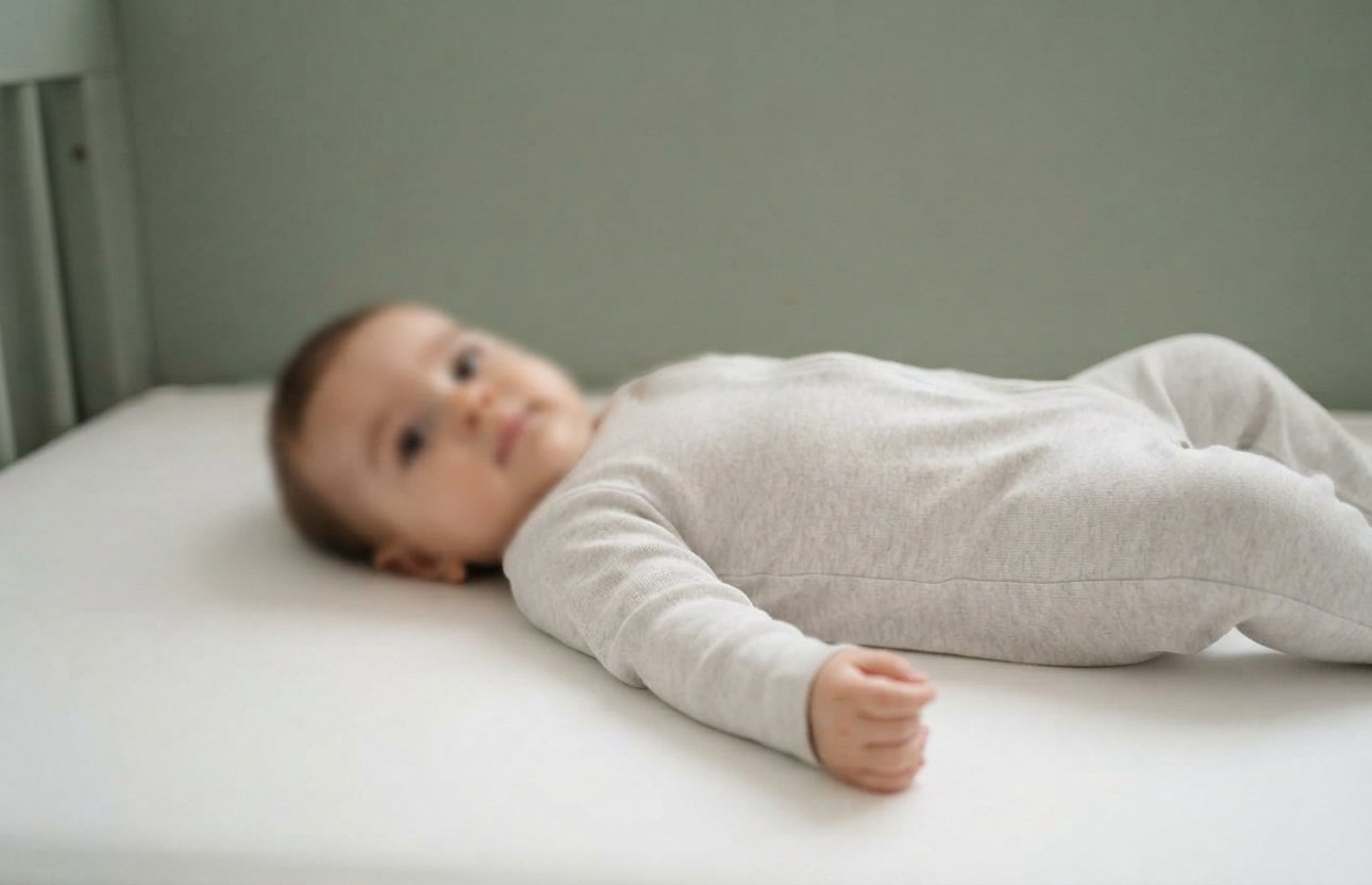 Bebê deitado de barriga para cima sobre colchão firme e liso, sem travesseiro nem objetos soltos por perto