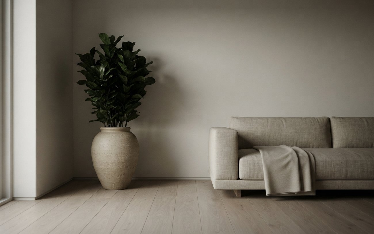Canto de sala em penumbra suave com vaso grande de cerâmica e planta de folhas escuras, ao lado de sofá de linho claro