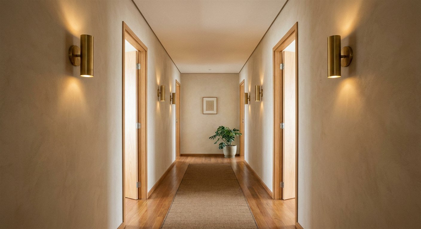 Corredor comprido de apartamento visto de ponta a ponta, com arandelas de latão acesas nas paredes, passadeira estreita, portas de madeira abertas e um quadro com uma planta no fim