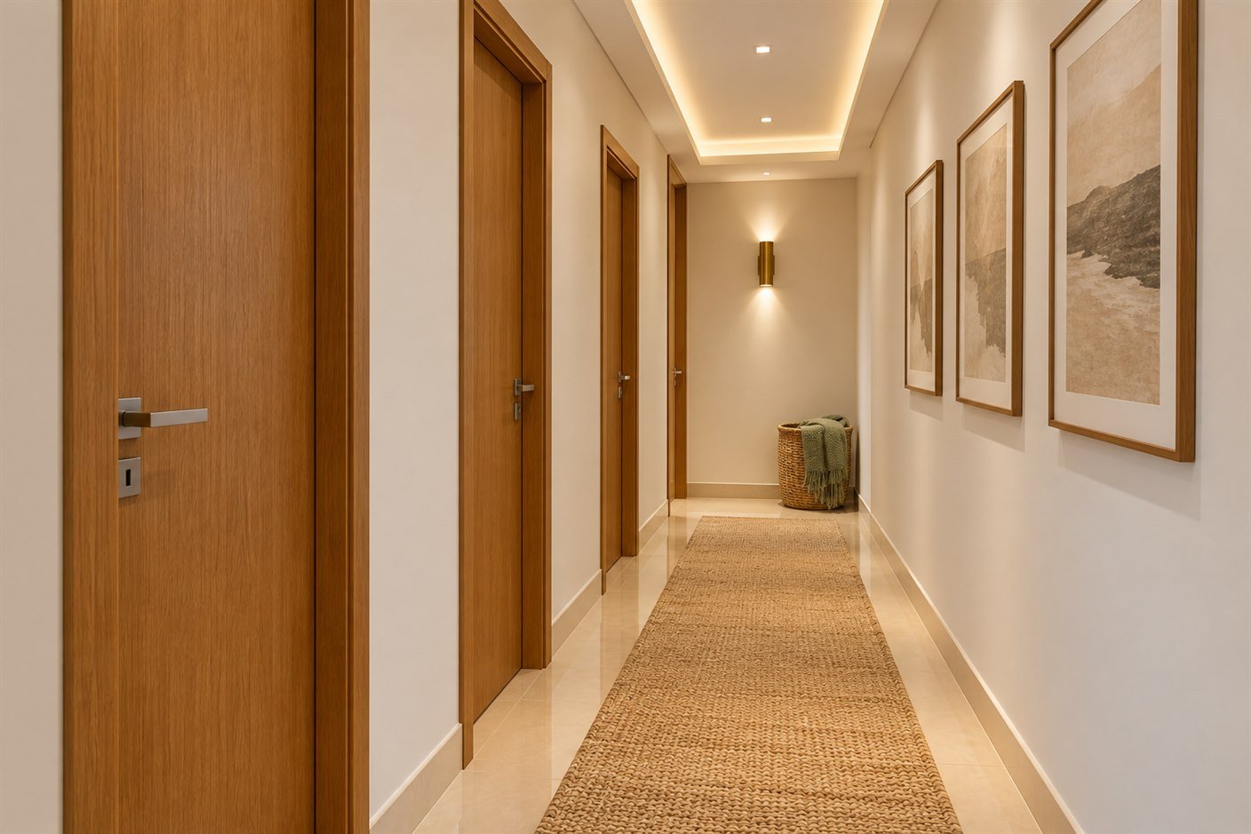 Corredor de quartos com portas fechadas de um lado, quadros alinhados em uma só parede, faixa de luz indireta no teto, cesto com manta e arandela dourada no fim