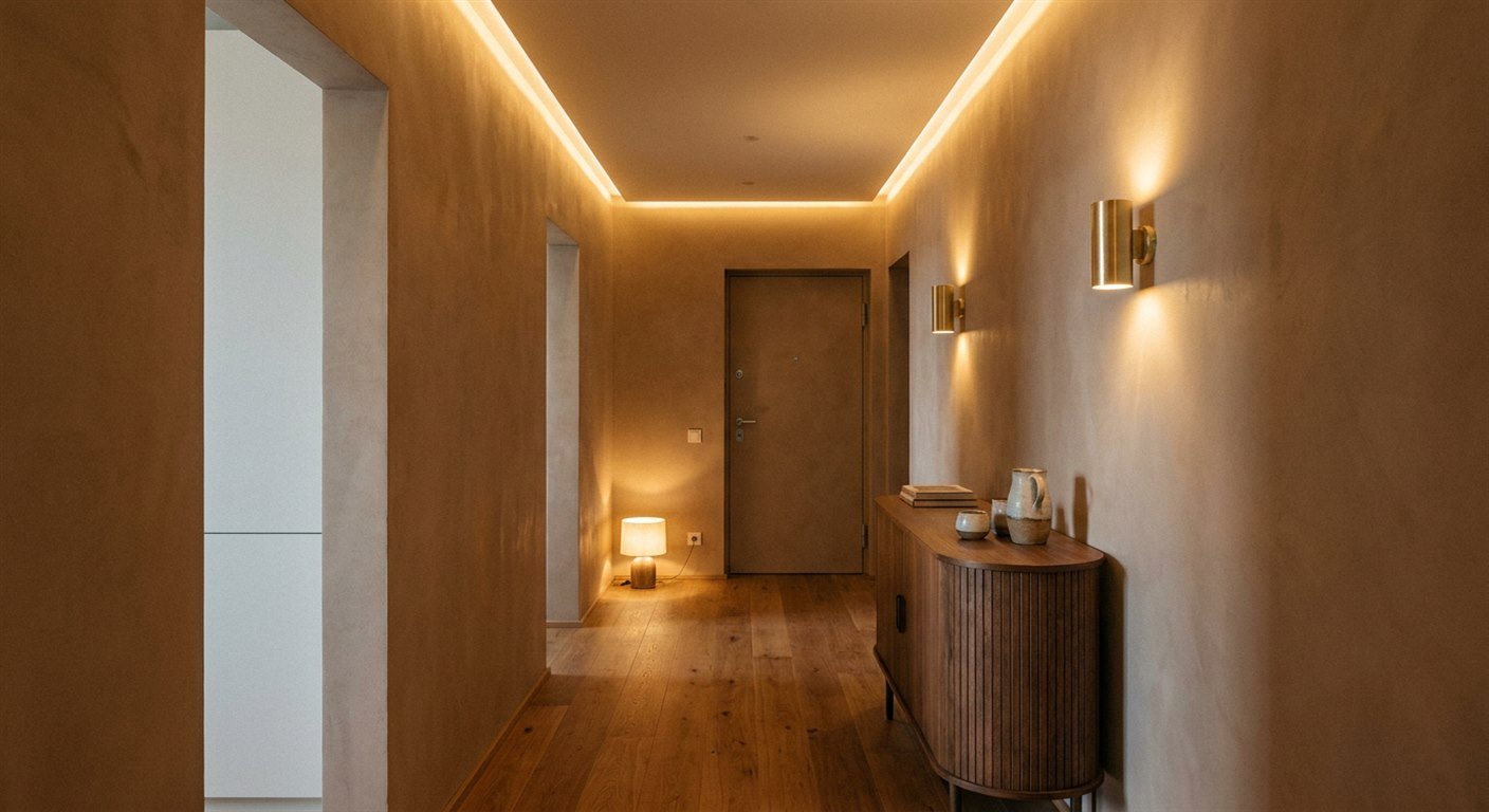 Corredor cego com as três camadas: plafon no teto, arandela de tomada e fita de LED na prateleira — e um espelho lateral espalhando tudo.