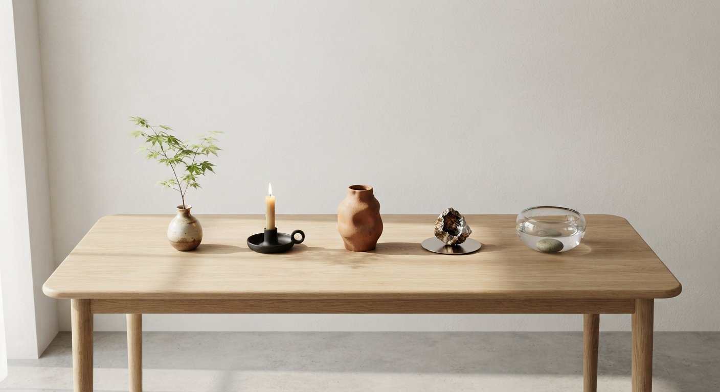 Materiais representando os 5 elementos do Feng Shui lado a lado sobre mesa de madeira clara: madeira, vela, cerâmica terracota, objeto de metal e taça de água