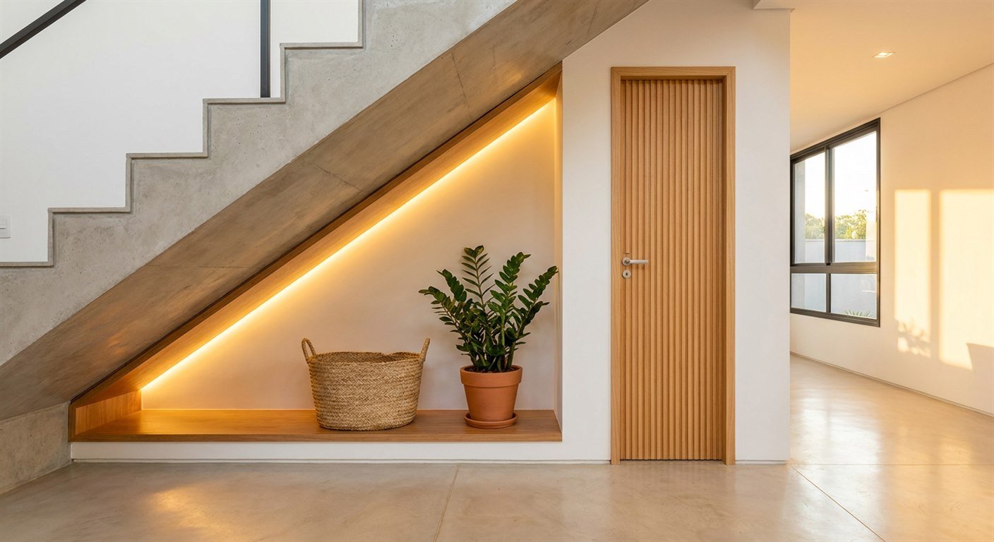 Vão embaixo de uma escada aproveitado: porta estreita de madeira ripada de um lavabo, nicho aberto com banco de madeira, cesta de palha e vaso de zamioculca, com iluminação embutida realçando o teto inclinado