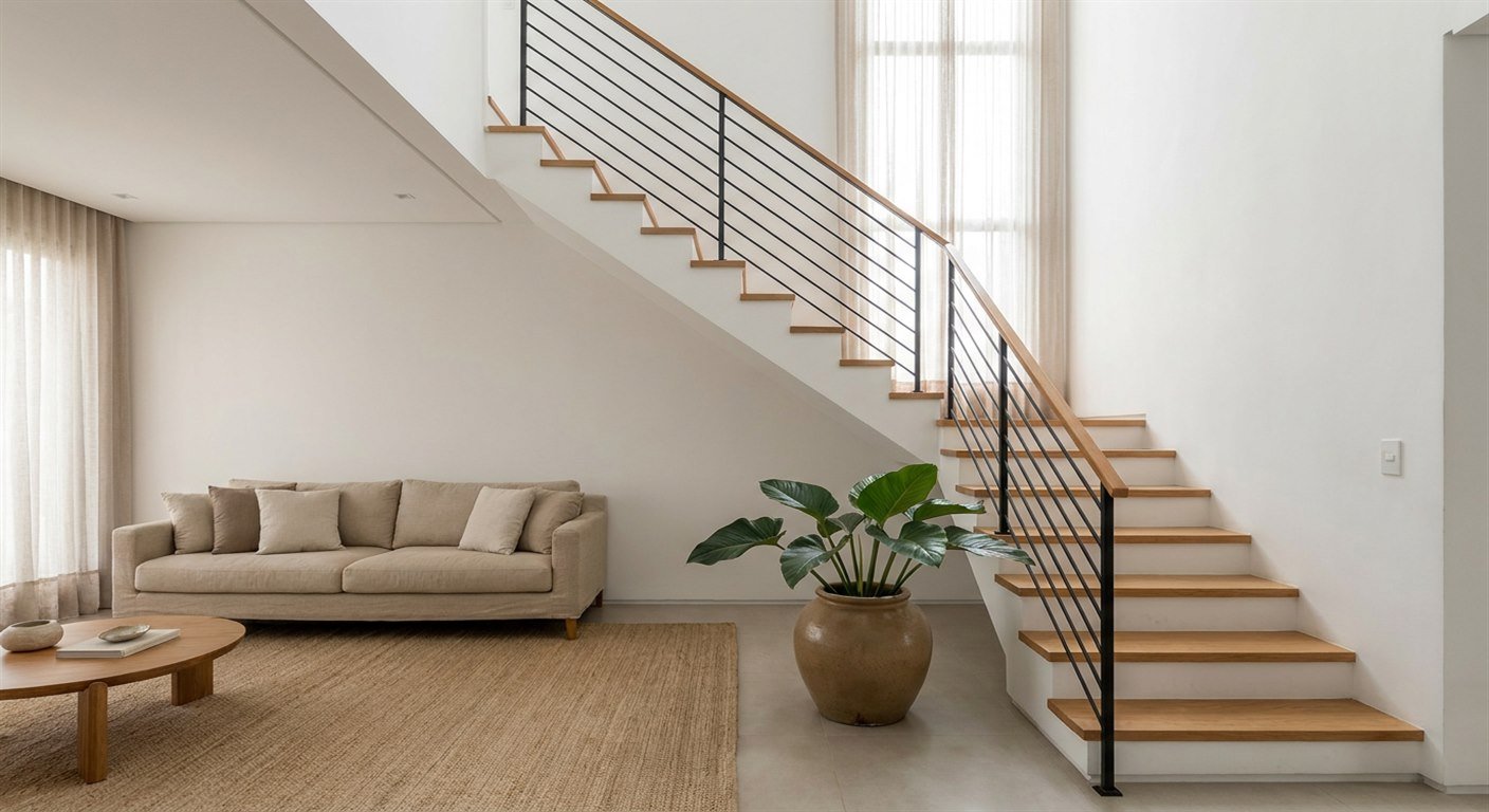 Sala de sobrado brasileiro contemporâneo vista de frente, com escada reta de madeira clara junto à parede, guarda-corpo de barras finas pretas, sofá de linho cru, tapete de fibra natural e planta grande em vaso de cerâmica ao pé da escada