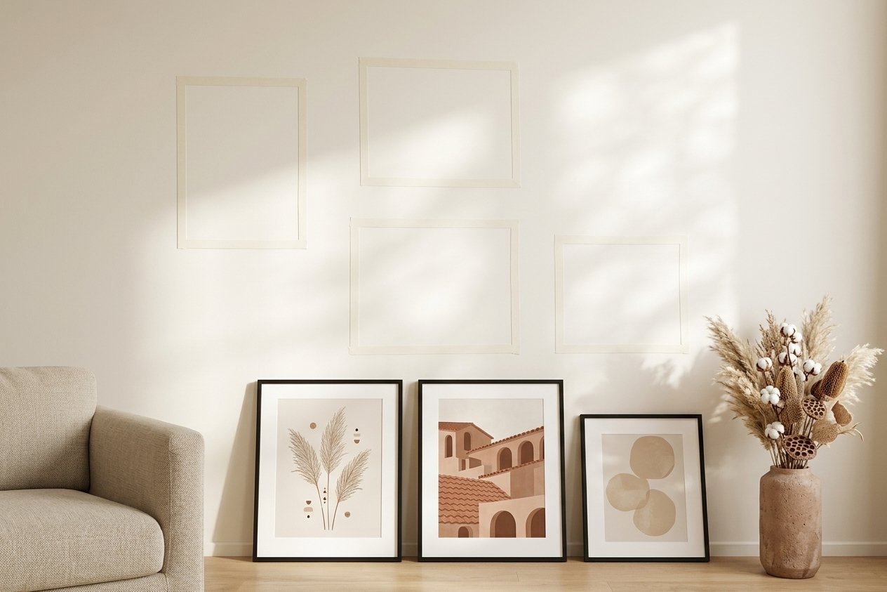 Quadros apoiados no chão e molduras marcadas com fita na parede clara, formando um painel decorativo sem pregos