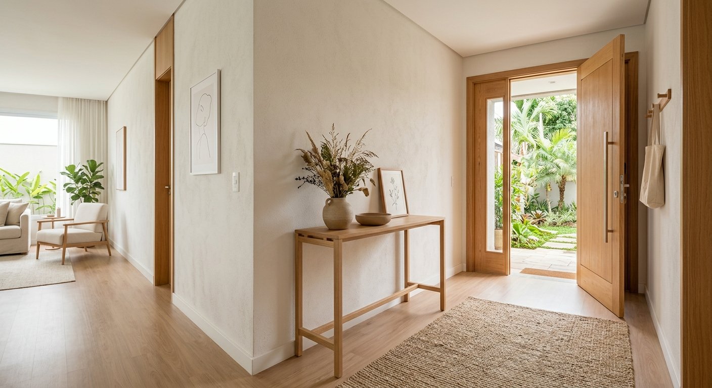 Hall de entrada em estilo japandi com aparador de madeira e tapete de fibra natural interrompendo o caminho até a porta de entrada aberta