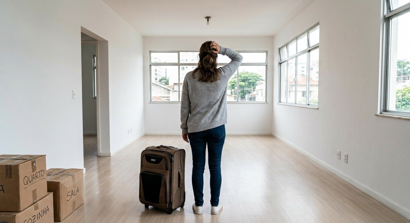 Mulher de costas em apartamento vazio recém-alugado, com mala e caixas de mudança rotuladas quarto, sala e cozinha