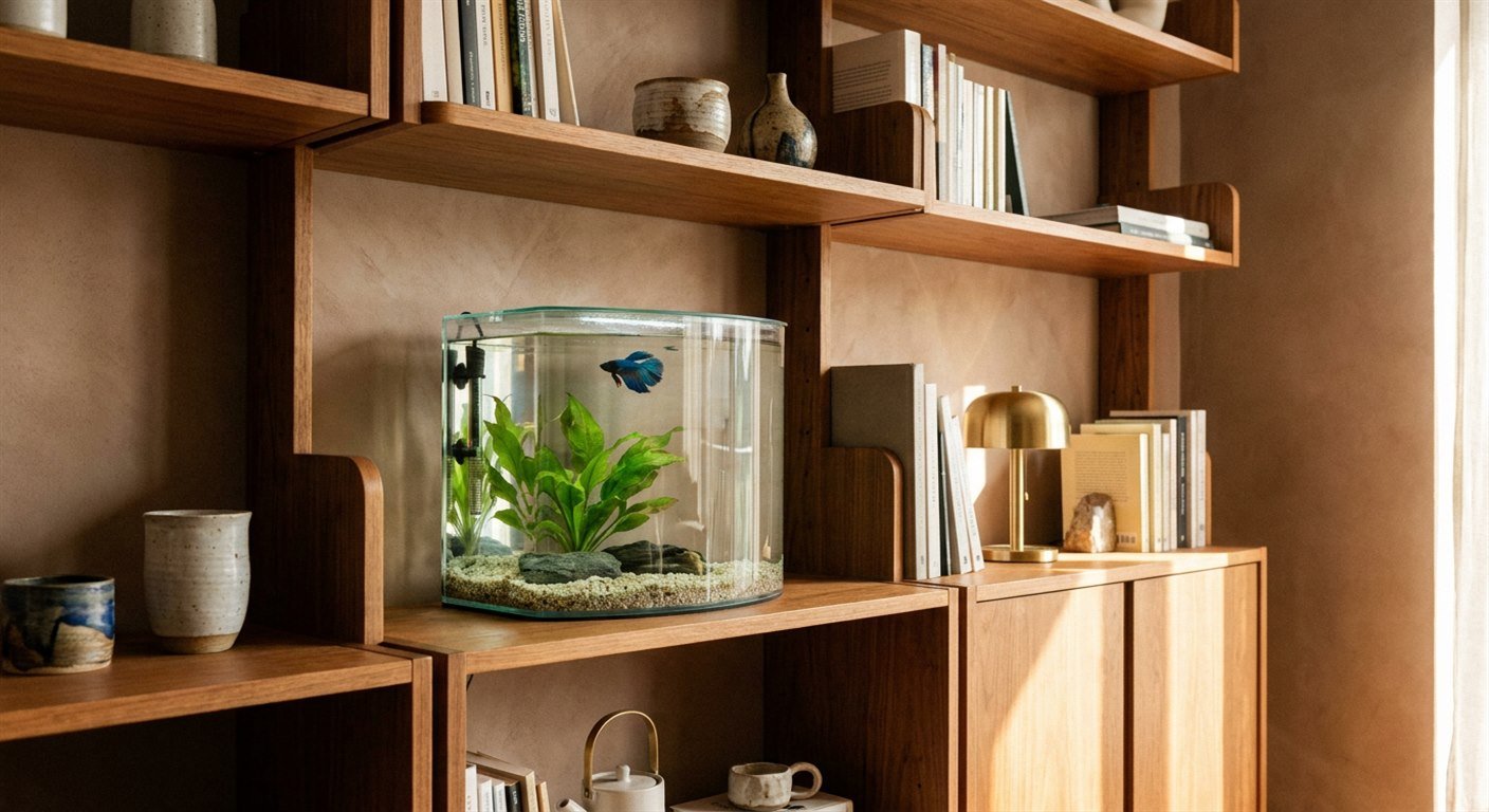 O aquário brasileiro de verdade: um beta em dez litros, com filtro e planta viva, na estante do apartamento. Cumpre o princípio inteiro — o que a tradição valoriza é vida em água limpa, não litragem.