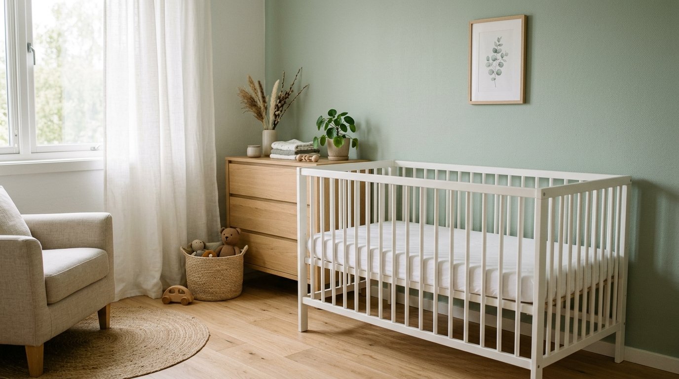 Quarto de bebê em estilo japandi claro, berço branco simples com colchão firme e liso, parede em tom verde-sálvia, luz natural suave