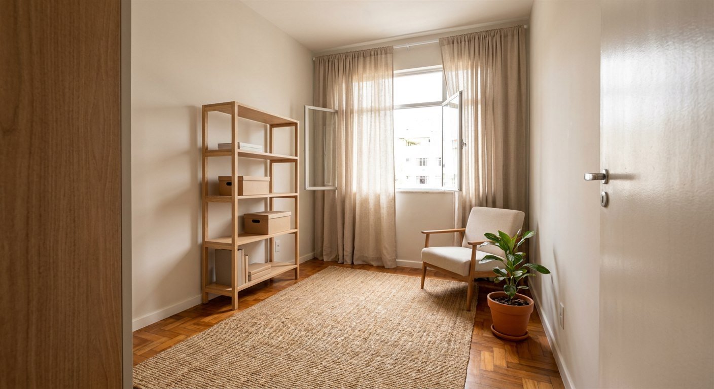 O quarto que virou arquivo morto, meio recuperado: as caixas junto à porta saem hoje, e o cômodo já tem luz, ar e uma função.