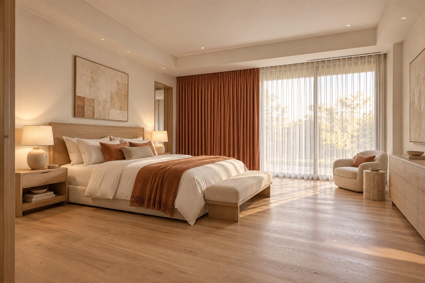 Quarto de casal no fim de tarde com trilho duplo: cortina de voil clara na frente e blackout terracota puxado até a metade, ao lado da cama de cabeceira de madeira