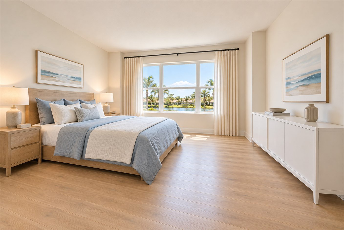 Quarto de casal com cama azul-clara e cabeceira de madeira, e ao lado um armário baixo branco com portas de correr fechadas, sem nenhuma tela à vista