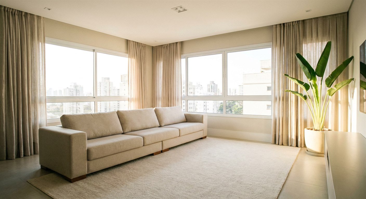 Cortina aberta, caminho livre até a janela, nada no chão: a regra clássica de Feng Shui é também a regra da foto que faz o comprador clicar.