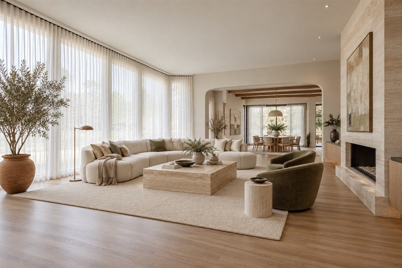 Sala de estar clara com cortina de voil branca de piso a teto, luz natural difusa, sofá curvo de bouclê, mesa de centro de travertino e planta em vaso de barro