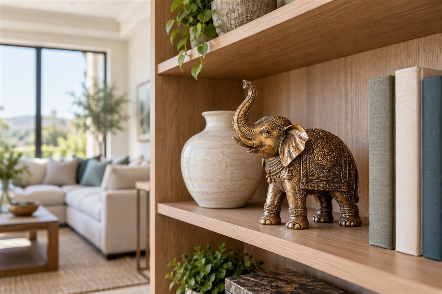 O elefante na estante é decoração de origem indiana — bonito, mas não é o "animal do Feng Shui" que o texto clássico descreve.