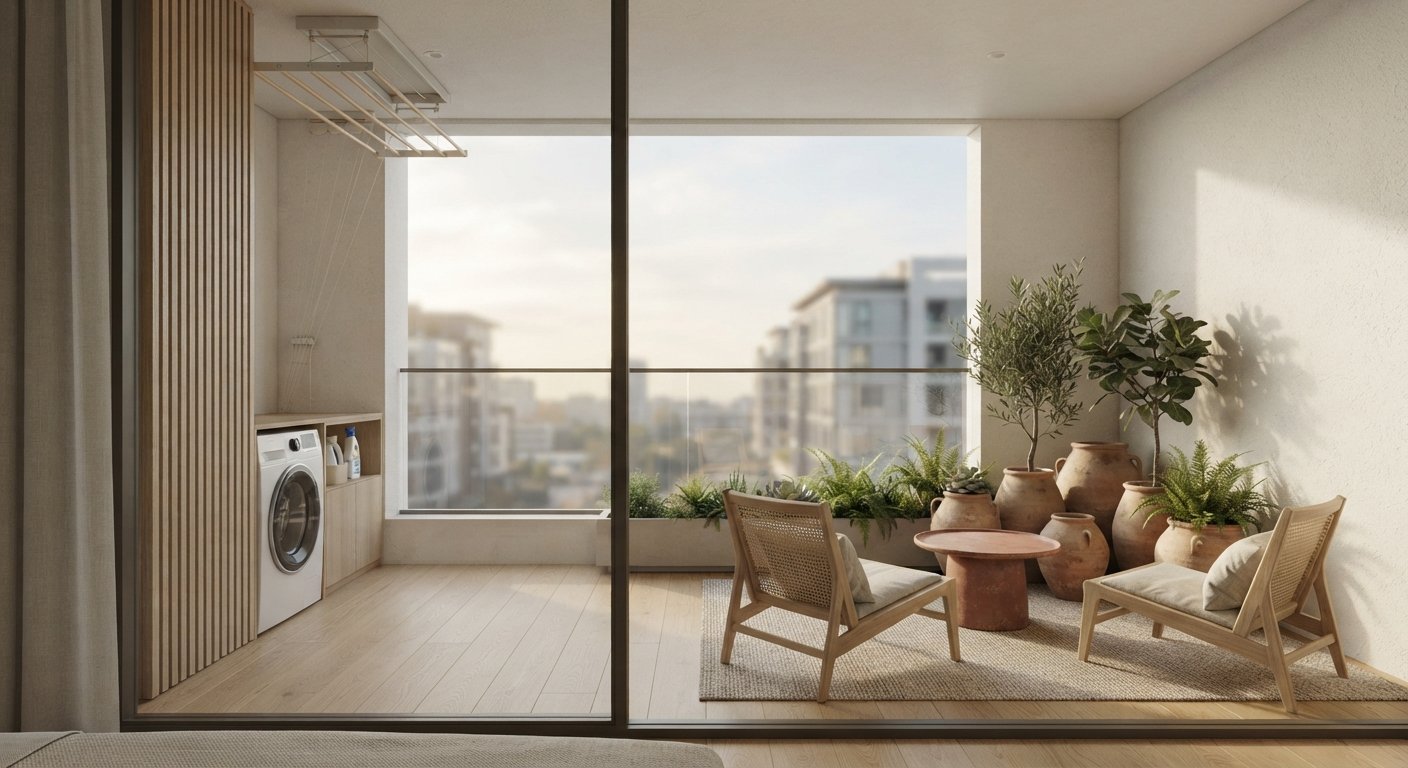 Varanda de apartamento vista da sala, com varal de teto recolhido e máquina de lavar atrás de painel ripado à esquerda e cantinho com cadeiras e plantas à direita