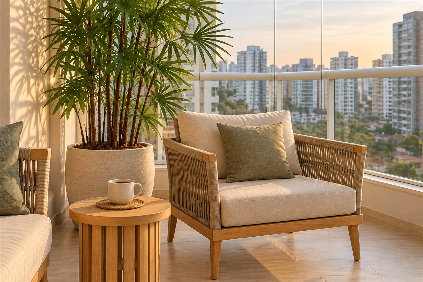 Cantinho de descanso em varanda de apartamento com cadeira de vime clara, planta ao lado, luz natural suave