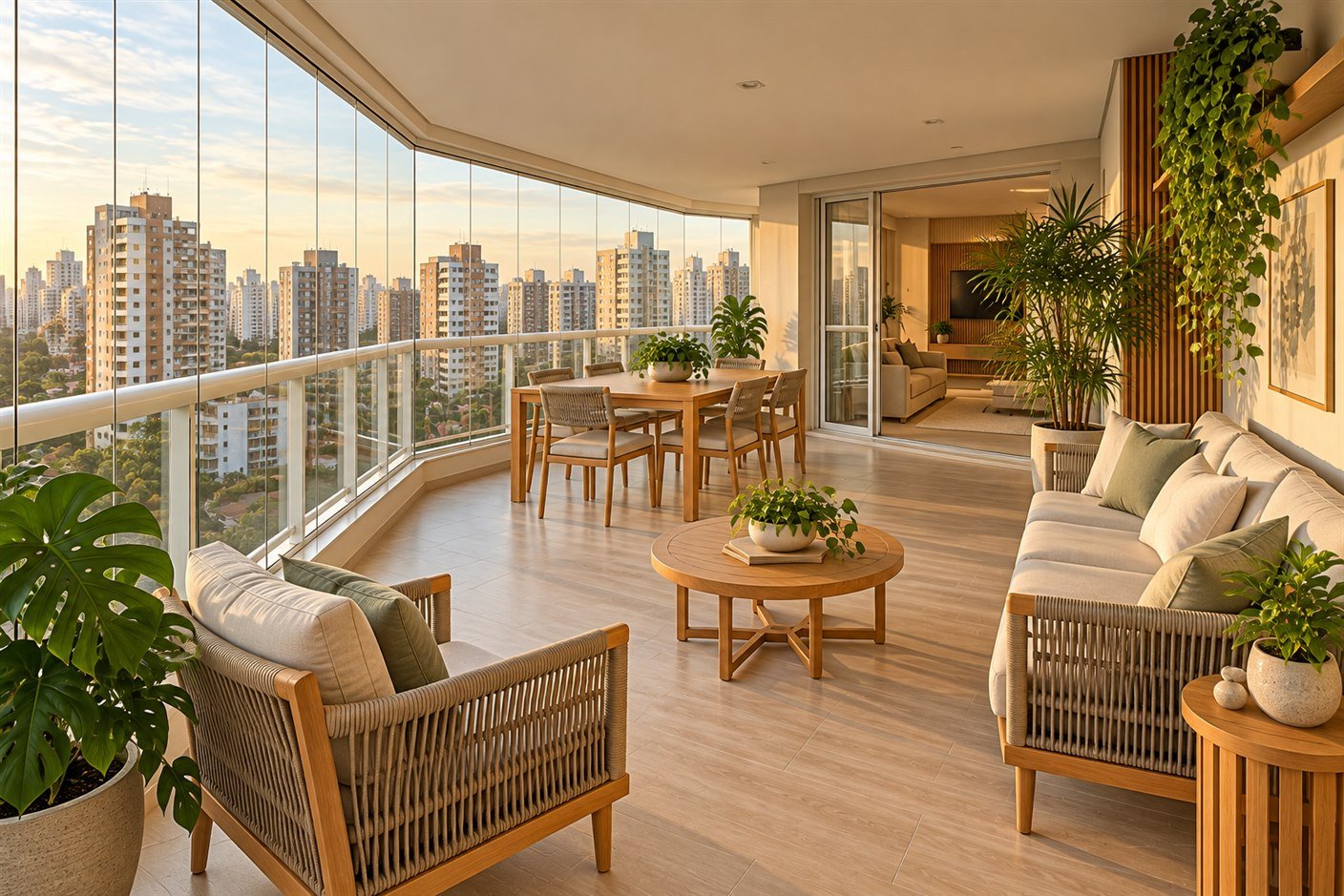Varanda de apartamento em estilo japandi com vasos de plantas de tamanhos variados, piso claro de madeira, luz quente de fim de tarde
